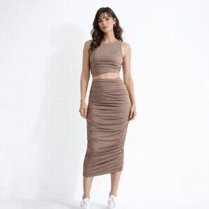 Dynamite Brown Cut Out Ruched Bodycon Shiny Midi Dress Size Small